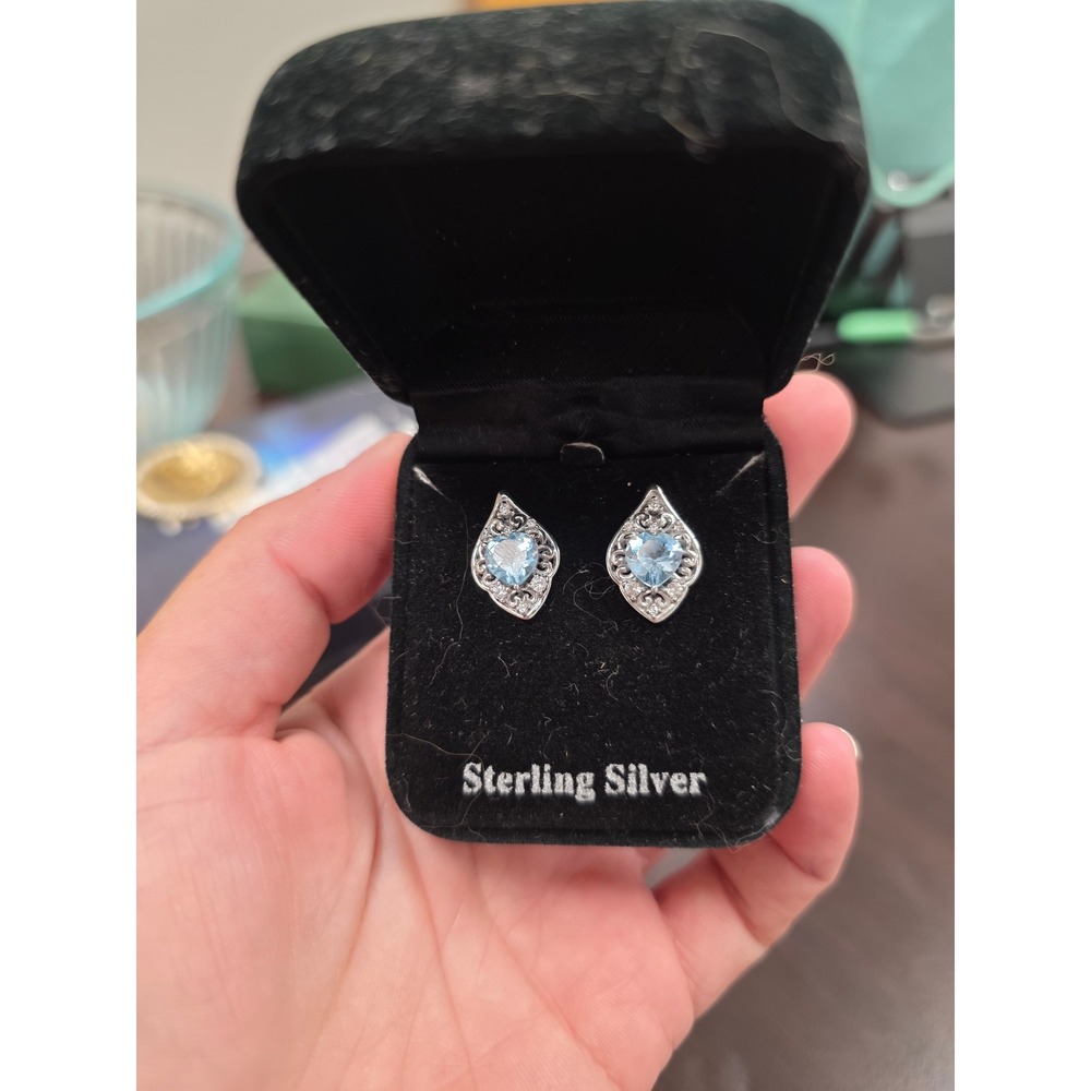Sterling Silver Blue Topaz Heart Filigree Marquise Stud Earrings Vintage Style - Picture 4 of 16